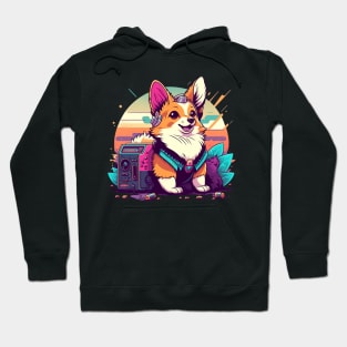 Cartoon Restro Synthwave Corgi on the Beach Hoodie